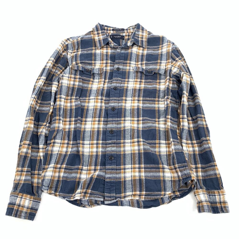Lucky Brand Humboldt Woven Plaid Plant Flannel Shirt Small Mens Blue Orange S